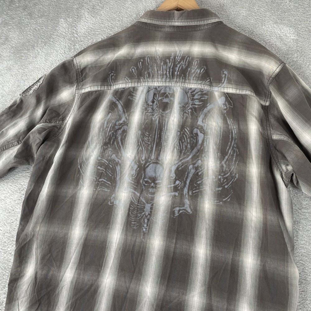 Harley Davidson Shirt Mens XL Brown Plaid Y2K Skull Biker Grunge Snap Front